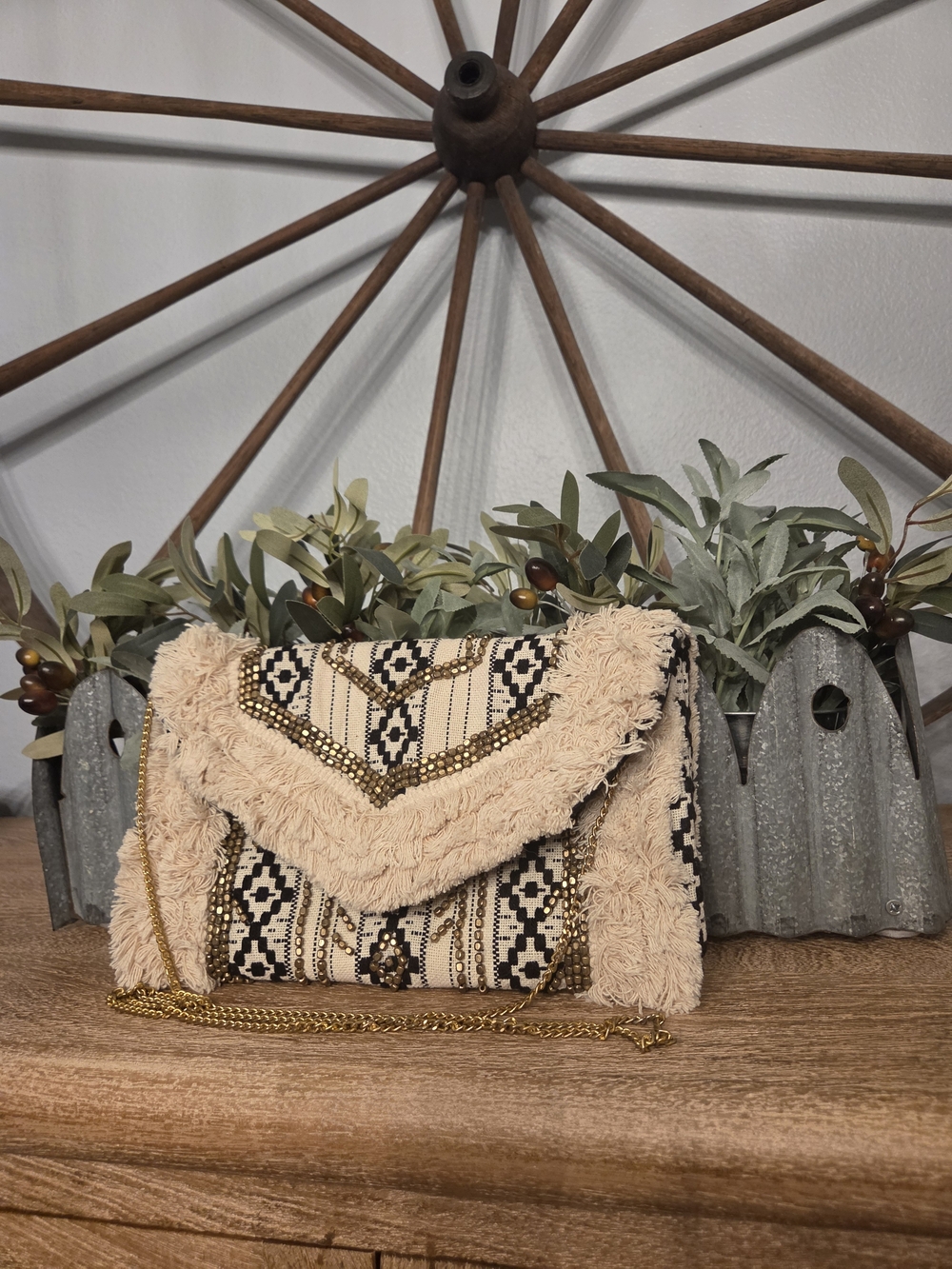 Antik Kraft Cream and Black Boho Fringe Crossbody with Gold Chain
